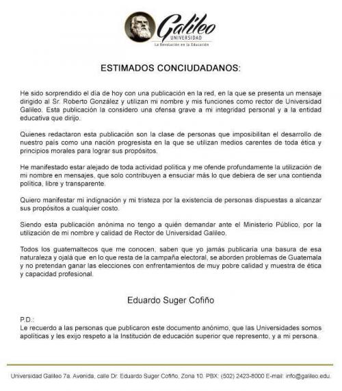 Respuesta de Suger tras conocer la suplantación. (Foto: Facebook)