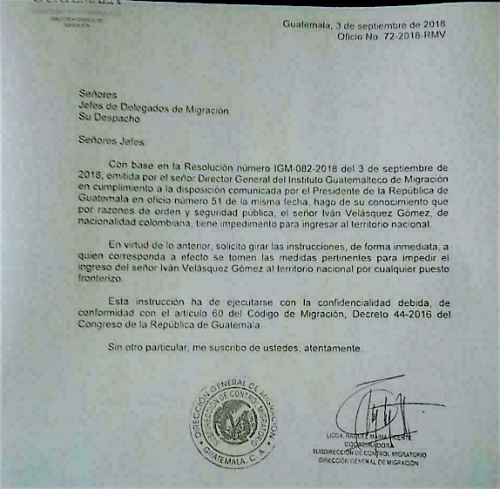 Oficio No. 72-2018-RMV que circuló en redes sociales, en el que se impide el ingreso de Iván Velásquez al país. (Foto: Captura de pantalla)