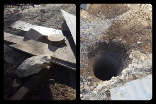 La imagen de la izquierda muestra que el agujero que quedó por la perforación lo dejaron tapado con una lámina.
La imagen de la derecha es el orificio al que se le puede quitar sin problema la lámina que lo cubre, representando un peligro para las personas que transitan por el lugar. (Fotos: Soy502)