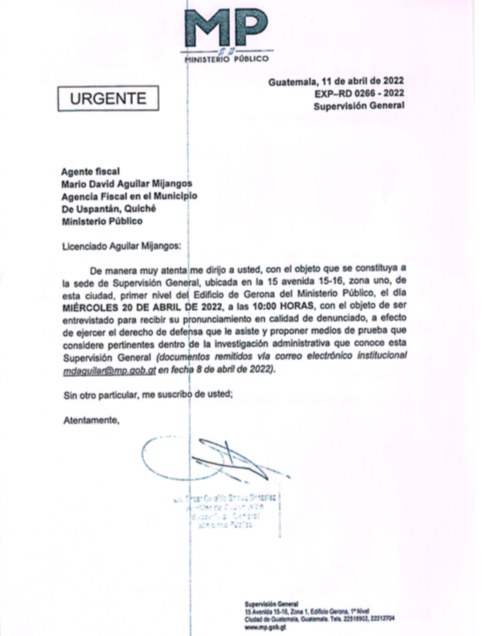 El memorial de citación de la Supervisión General del MP.
