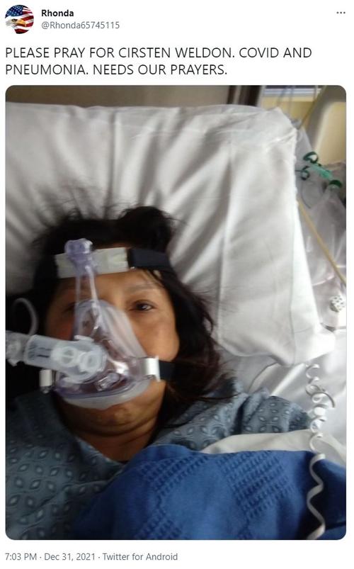 Cirsten Weldon se encontraba luchando contra el Covid-19 sin haberse vacunado. (Foto: Twitter)