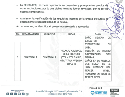 Informe de Conred sobre el estado del Palacio Nacional de la Cultura. (Foto: captura de pantalla)