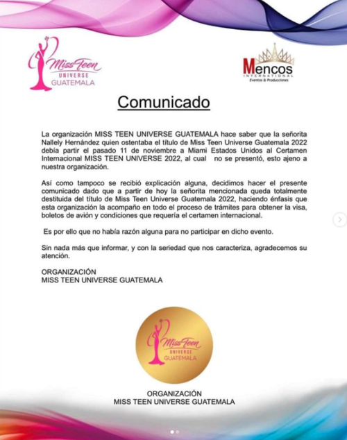 Comunicado oficial de Miss Teen Universe Guatemala. (Foto: Instagram)