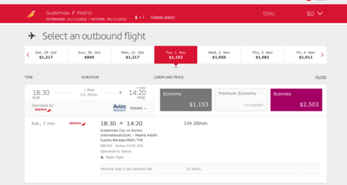 Esto estaría costando un vuelo de Guatemala-Madrid-Guatemala entre el 1 al 5 de noviembre. (Foto: captura de pantalla)