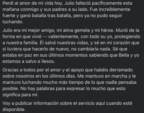 Este es el emotivo mensaje que publicó la esposa de Julio Sical en sus redes sociales. (Foto: captura de Facebook)