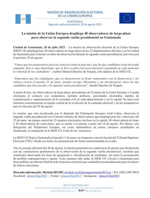 moe ue, segunda vuelta, observadores, elecciones guatemala