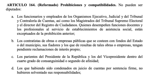 La Constitución prohíbe a familiares del presidente ser diputados. (Foto: captura de pantalla)