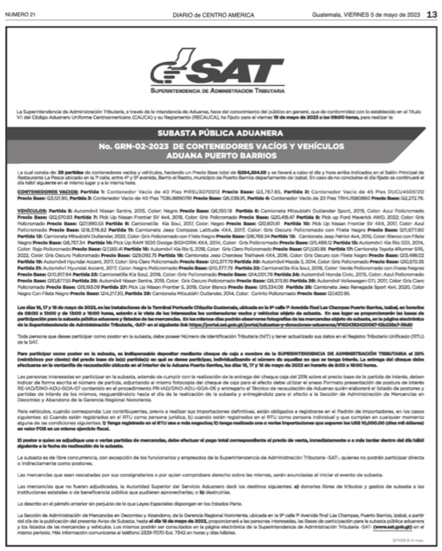 La Sat anunció la subasta en el Diario de Centro América. (Foto: captura de pantalla)