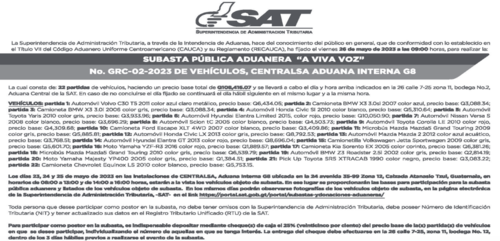 El anuncio de la subasta fue publicado este 12 de mayo en el Diario de Centro América. (Foto: captura de pantalla)