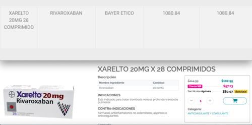 Xarelto (rivaroxabán) es un anticoagulante. La imagen superior muestra el precio en Guatemala y la inferior en El Salvador. (Foto: captura de pantalla)