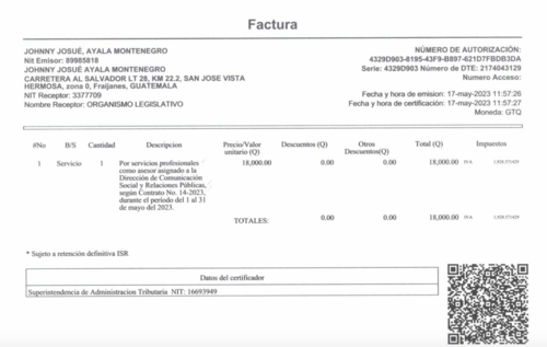 Solo del 1 al 31 de mayo 2023, El Johnny ha cobrado Q 18 mil. (Foto: captura de pantalla)