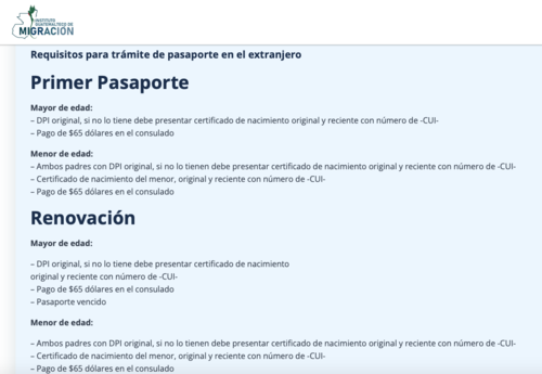 Este es el tarifario regular del IGM para nuevo pasaporte o renovación en el extranjero. (Foto: captura de pantalla)