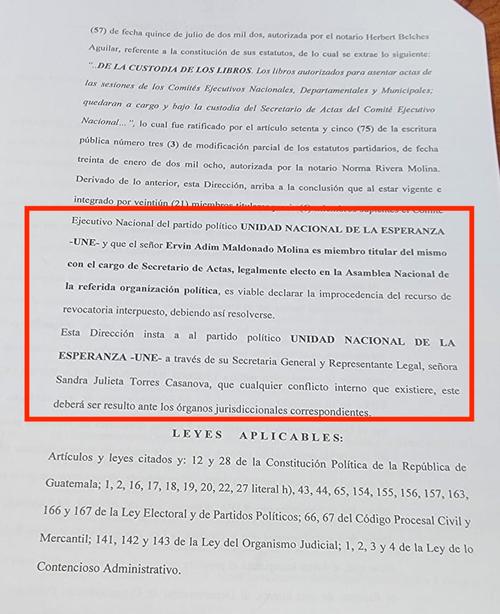 Resolución emitida por el Registro de Ciudadanos del TSE