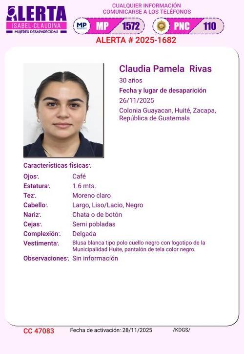Alerta por desaparición de Claudia Pamela Rivas. (Foto: MP)