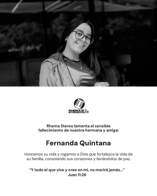 La estación de radio lamenta el fallecimiento de Fernanda Quintana. (Foto: Rhema Stereo)