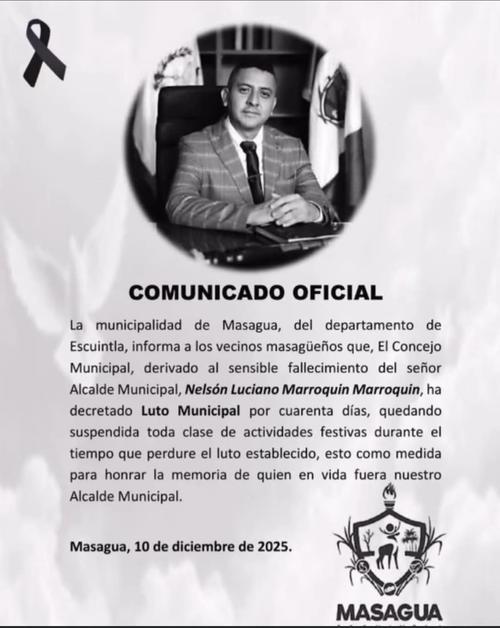 El Concejo Municipal decretó 40 días de luto y la suspensión de todas las actividades festivas, como muestra de respeto y homenaje a la memoria del exalcalde. (Imagen: Municipalidad de Masagua)