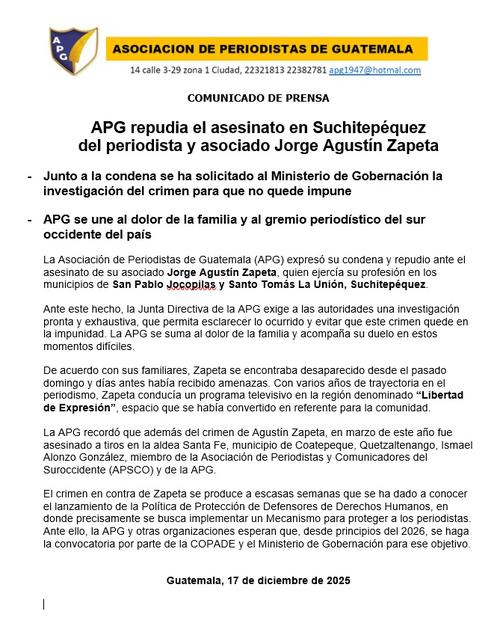 La APG se pronunció a través de un comunicado. (Foto: APG)