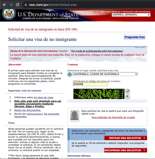 En esta página, debes seleccionar el país, colocar el código que se muestra y dar clic a "iniciar una solicitud".