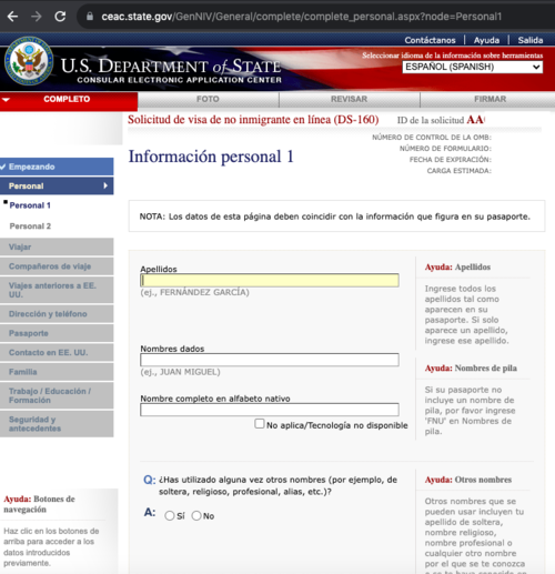 Estas son las primeras preguntas del formulario DS-160.