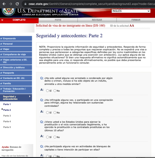 Luego de responder las preguntas personales, pedirá que responda preguntas relacionadas con antecedentes y de seguridad.
