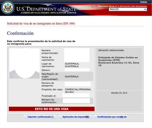 Esta es la confirmación del formulario DS-160 y que se debe presentar el día de la entrevista.