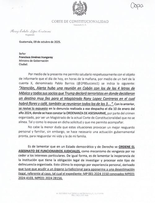 Esta es la carta que el magistrado suplente de la CC, Rony López, envió al ministro de Gobernación. (Foto: Cortesía)