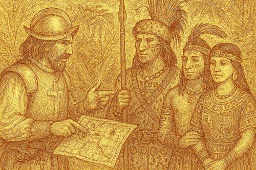 Jerónimo de Aguilar y Gonzalo Guerrero fueron náufragos españoles que en 1511 sobrevivieron y se integraron a la vida maya en Yucatán. (Foto: Copilot IA)