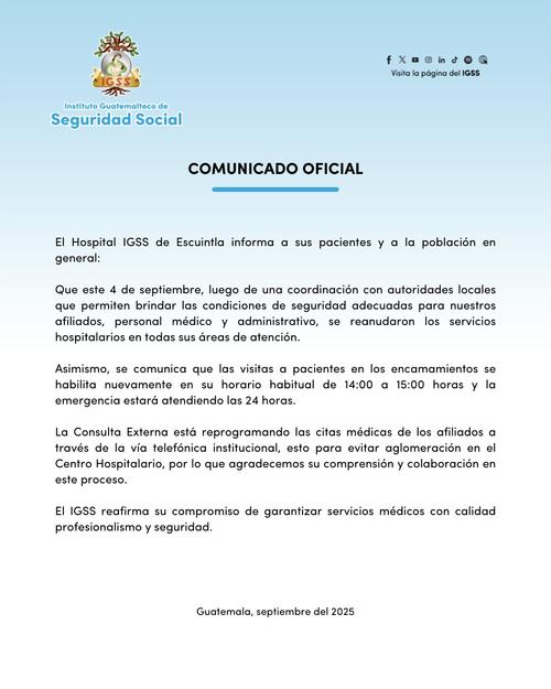 Comunicado oficial en el que la entidad informó acerca de la reanudación de los servicios hospitalarios. (Foto: IGSS)