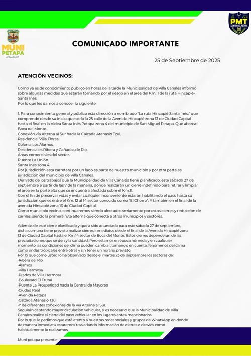 Comunicado de la PMT de San Miguel Petapa por verse afectado el municipio ante el cierre en avenida Hincapié. (Foto: PMT de San Miguel Petapa)