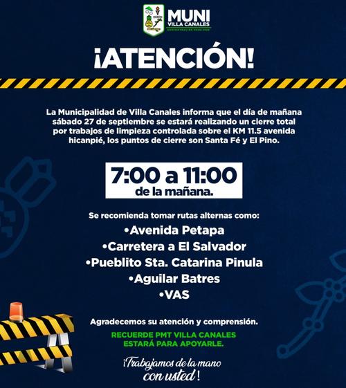 Horario y rutas alternas que recomiendan las autoridades. (Foto: PMT de Villa Canales)