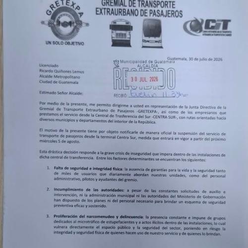 Misiva enviada por Gretexpa para anunciar la suspensión del servicio desde Centra Sur. (Foto: redes sociales)