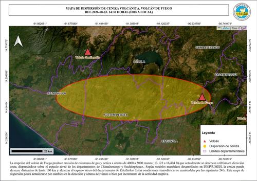 Mapa de dispersión de ceniza volcánica en territorio nacional tras erupciones del volcán de Fuego. (Foto: Insivumeh)