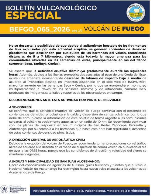 La densidad piroclástica podría descender por las barrancas del volcán de Fuego. (Imagen: Insivumeh)