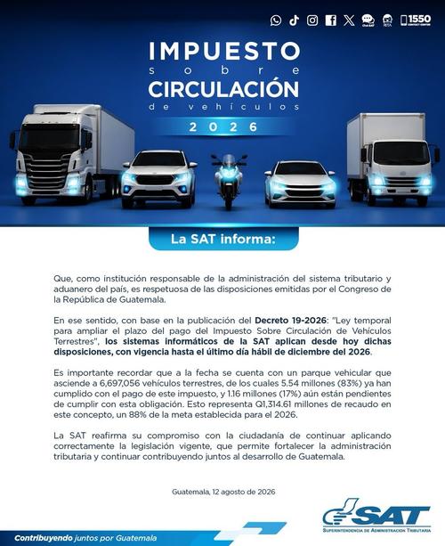 La medida entra en vigencia a partir de este 12 de agosto y concluirá el último día hábil de diciembre de 2026. (Imagen: SAT)