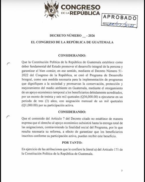 A través del Decreto 17-2026, el programa se reanudó en agosto para culminar capacitaciones pendientes de 2023 y 2024 en septiembre y continuar con la transferencia de fondos. (Imagen: captura de pantalla)