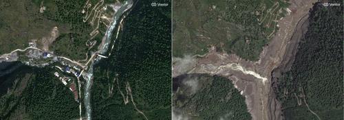 La frontera entre Nepal y China quedó destruida. (Foto: Vantor/AFP)