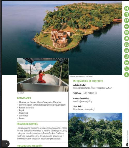 Una de las páginas con datos e íconos de facilidades, servicios y actividades. (Foto: Guía Viaje por las Áreas Protegidas de Guatemala/Soy502)