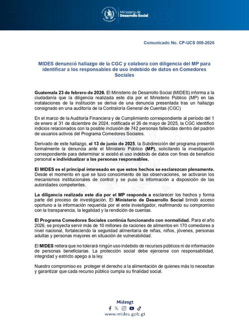 Comunicado del Mides tras allanamientos a sus oficinas. (Foto: Mides)