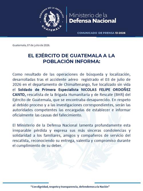 El rescatista fue identificado como Nicolás Felipe Ordoñez Canto. (Imagen: Ejército de Guatemala)