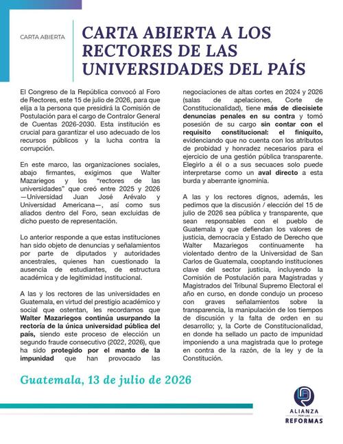Comunicado emitido por la Alianza para las Reformas. (Foto: redes sociales/Soy502)