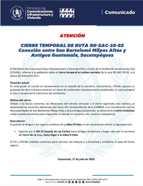 Comunicado oficial de Dirección General de Protección y Seguridad Vial-CIV (Foto: CIV)