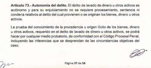 El artículo 73 establece que el lavado de dinero puede investigarse sin una condena previa por el delito que originó los fondos ilícitos. (Imagen: captura de pantalla)