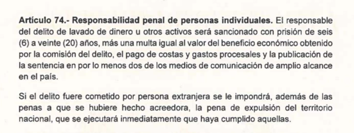 El artículo 74 mantiene penas de entre seis y veinte años de prisión para quienes sean condenados por lavado de dinero. (Imagen: captura de pantalla)