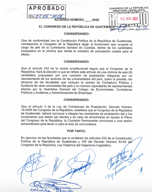 El Congreso aprobó el Acuerdo 16-2026 para iniciar la conformación de la Comisión de Postulación del Contralor General de Cuentas. (Imagen: captura de pantalla)