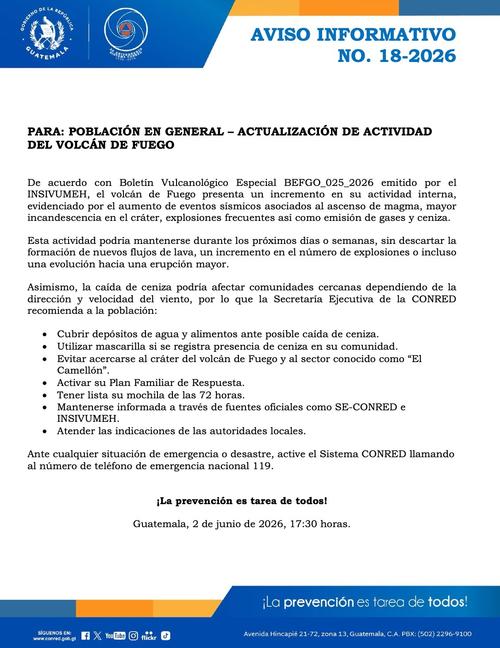 Aviso informativo compartido por Conred. (Foto: Conred)