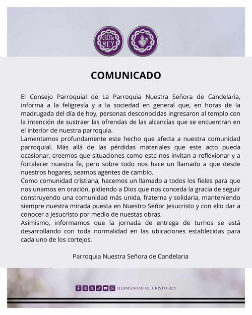 La iglesia expresó por medio de un comunicado su postura ante el robo. (Foto: Redes Sociales)