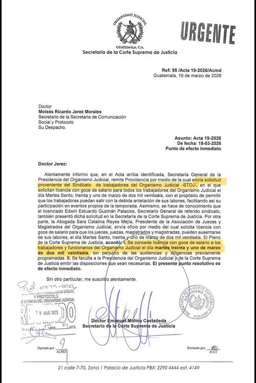 Trabajadores del Organismo Judicial descansarán desde martes Santo.