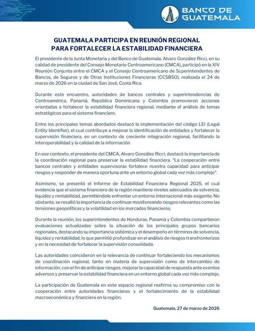 Guatemala promueve coordinación para enfrentar riesgos financieros regionales. (Imagen: Banco de Guatemala)