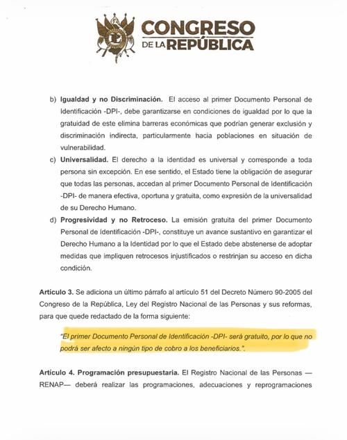 Propuesta reformaría la Ley del Renap para prohibir el cobro del primer DPI. (Imagen: capturad de pantalla)