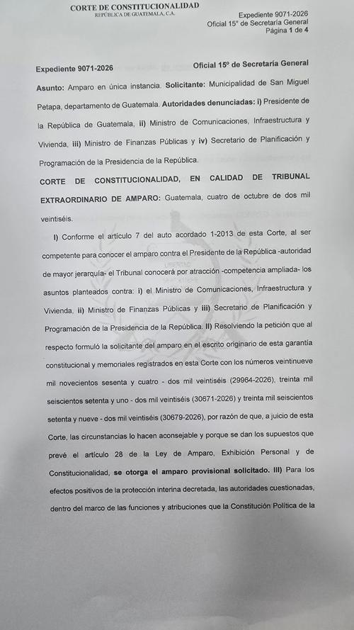 La CC otorgó un amparo provisional a favor de la Municipalidad de San Miguel Petapa. (Foto: José Luis Pos)